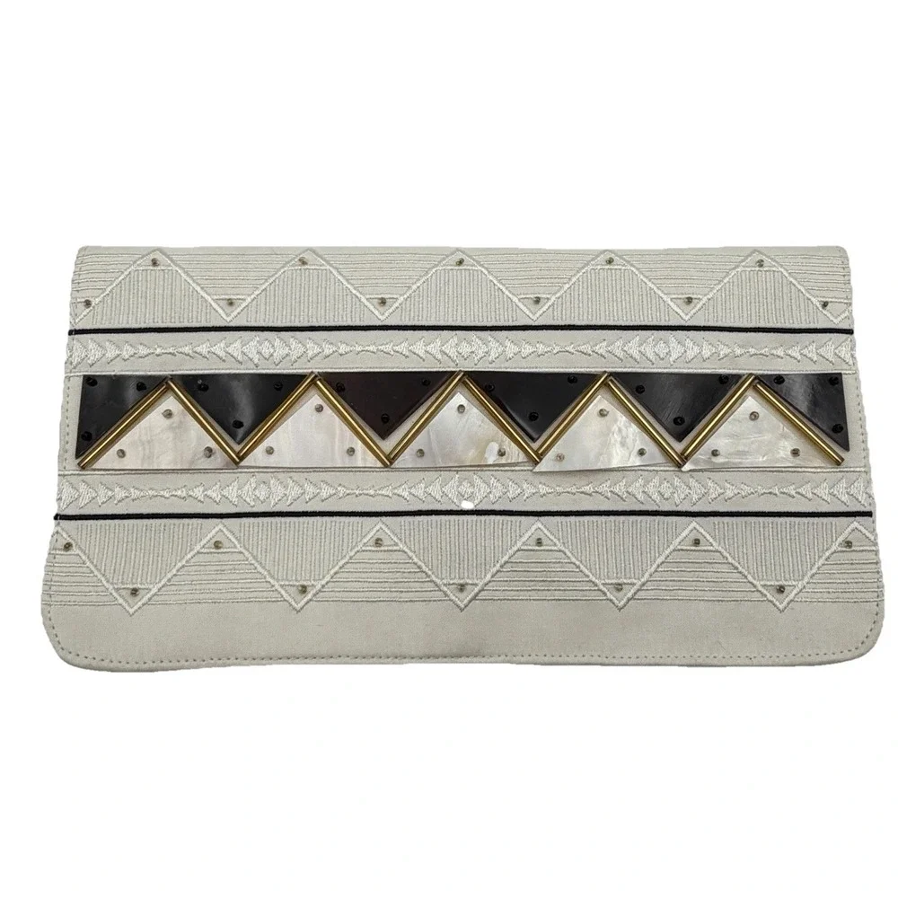 Shiraleah Chicago Reiki Clutch Ivory Embroidered Metallic Foldover Bag NWT‎